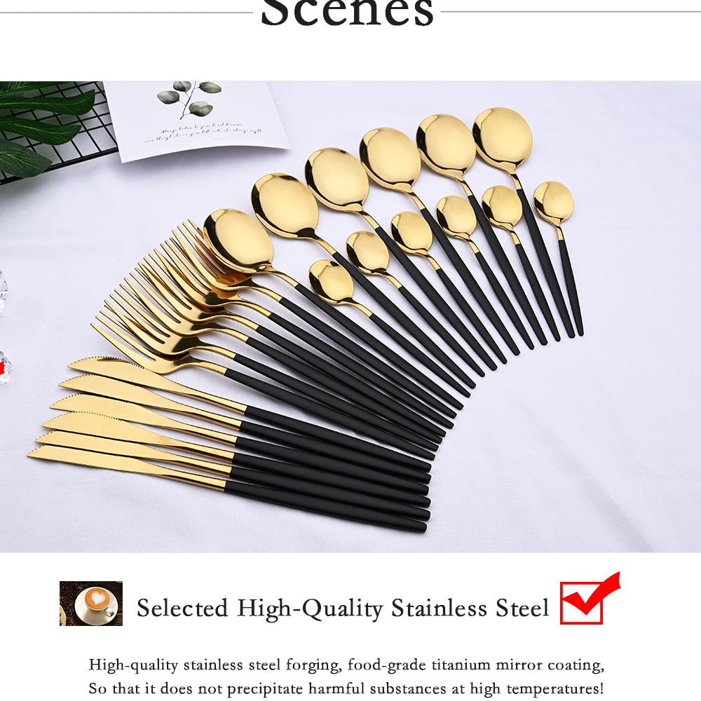 24pcs Black & Gold Stainless Steel Cutlery Set