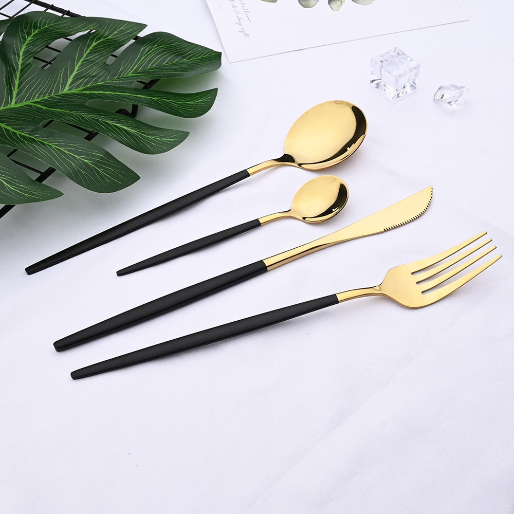 24pcs Black & Gold Stainless Steel Cutlery Set