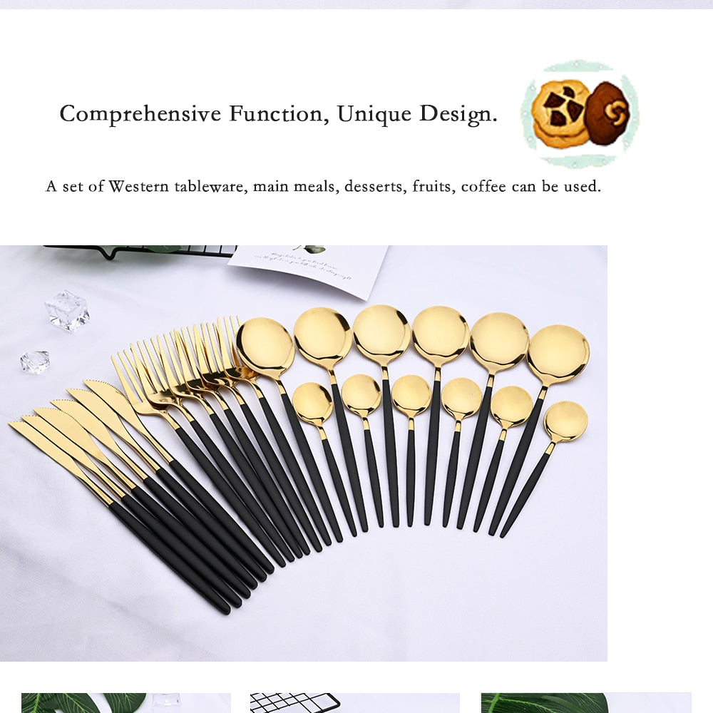 24pcs Black & Gold Stainless Steel Cutlery Set