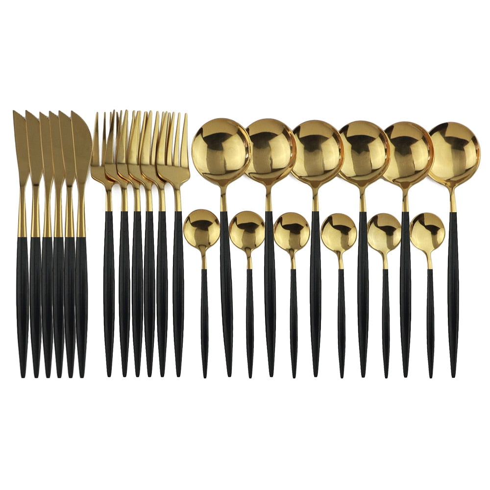 24pcs Black & Gold Stainless Steel Cutlery Set