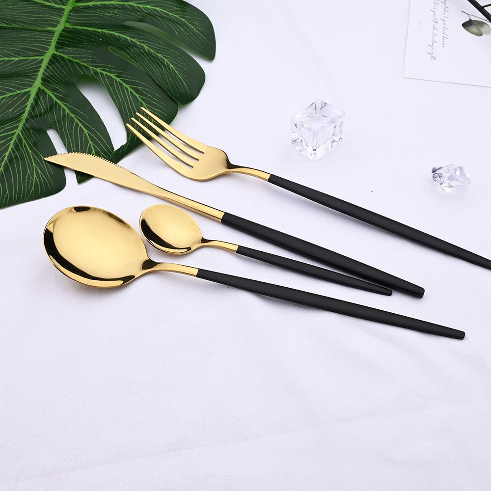 24pcs Black & Gold Stainless Steel Cutlery Set