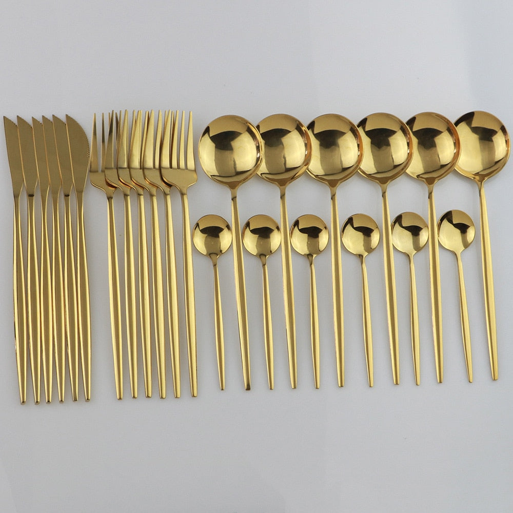 24pcs Black & Gold Stainless Steel Cutlery Set