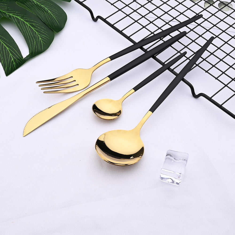 24pcs Black & Gold Stainless Steel Cutlery Set