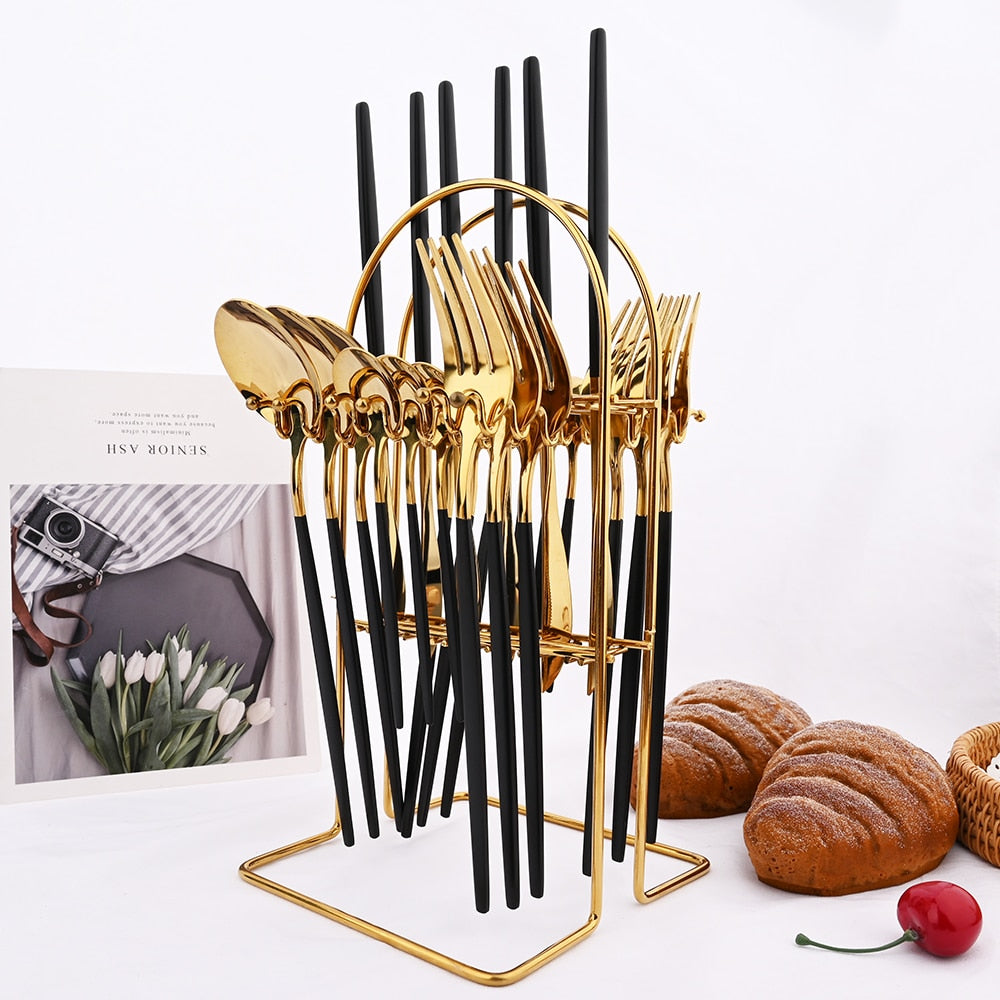 24pcs Black & Gold Stainless Steel Cutlery Set