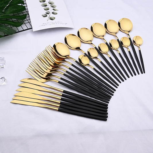 24pcs Black & Gold Stainless Steel Cutlery Set